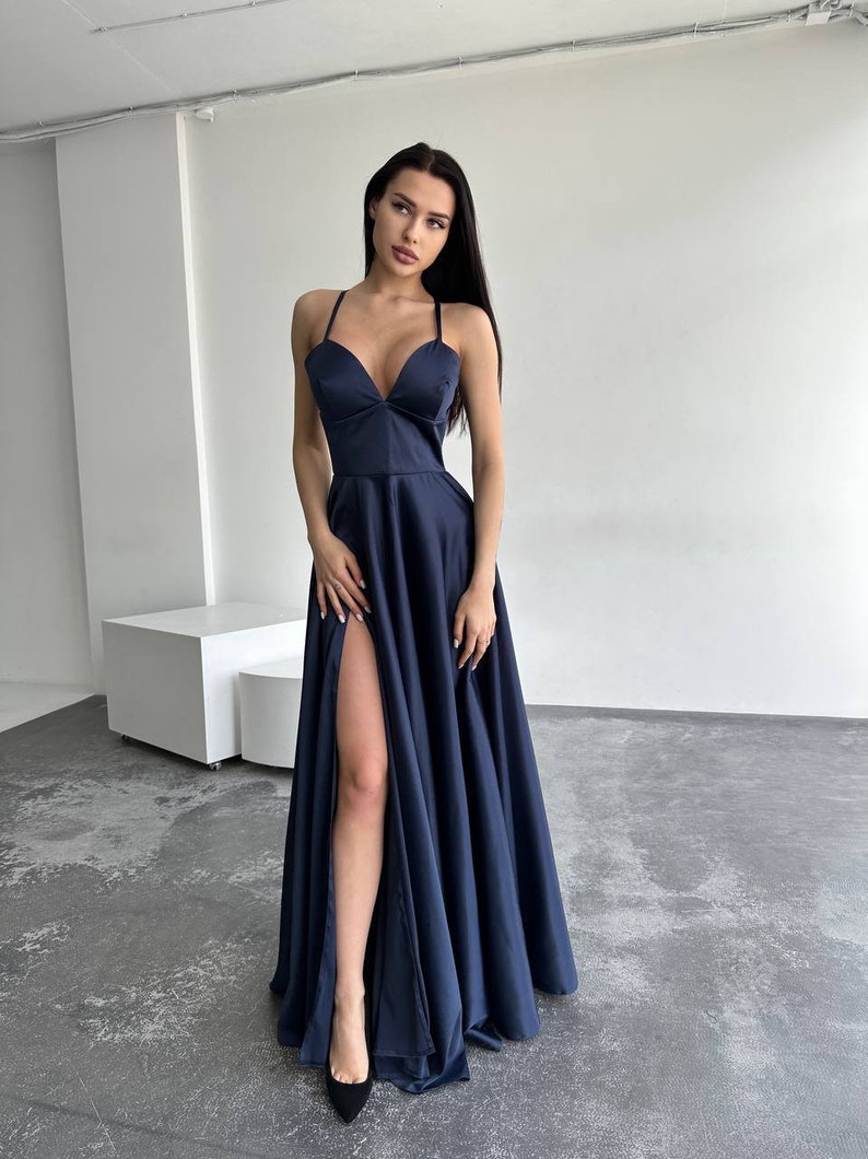 Satin Navy Blue Dress, Dark Blue Slit Dress, Navy Blue Prom Dress, Navy Blue Evening Dress, Dark Blue Maxi Dress, Dark Blue Dress With Strap image 1