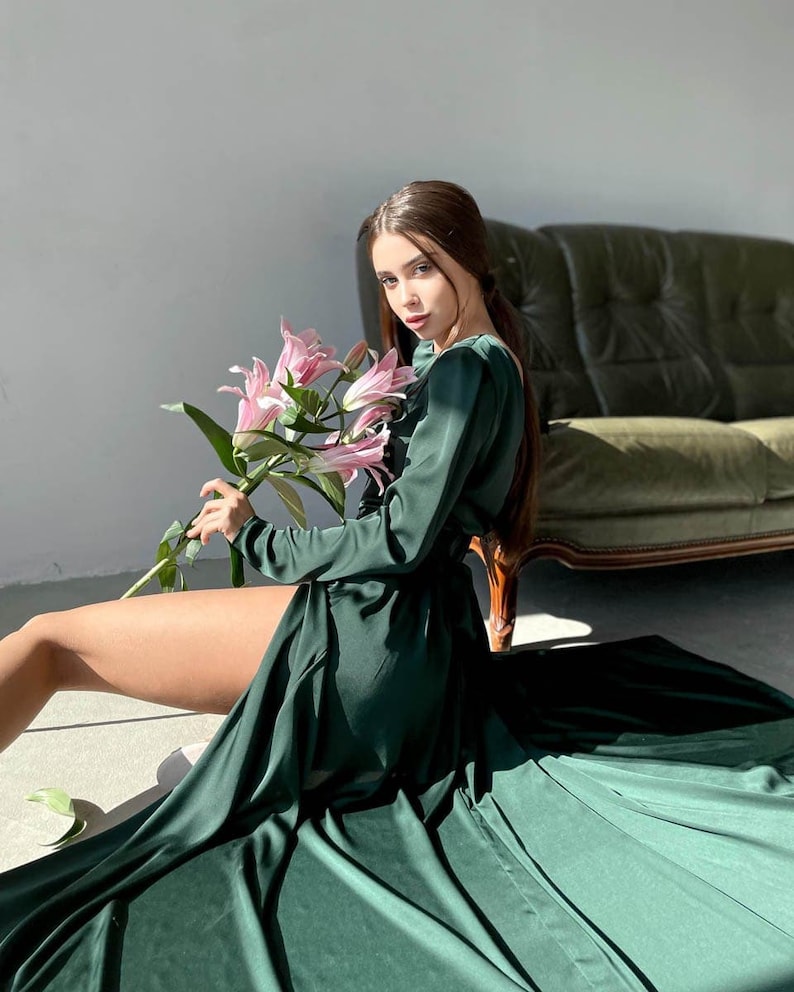 Emerald Green Silk Slip Dress Emerald Silk Slit Dress Etsy