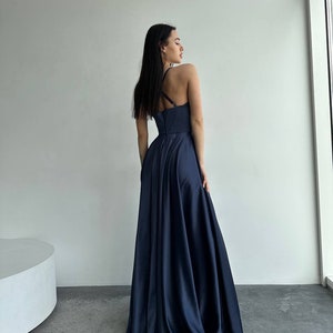 Satin Navy Blue Dress, Dark Blue Slit Dress, Navy Blue Prom Dress, Navy Blue Evening Dress, Dark Blue Maxi Dress, Dark Blue Dress With Strap image 8