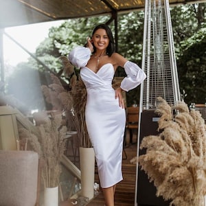 White Satin Midi Dress, Satin Slip Dress, White Satin Dress, Off Shoulder Dress, White Midi Dress, Satin Slip Dress Midi, Wedding Dress