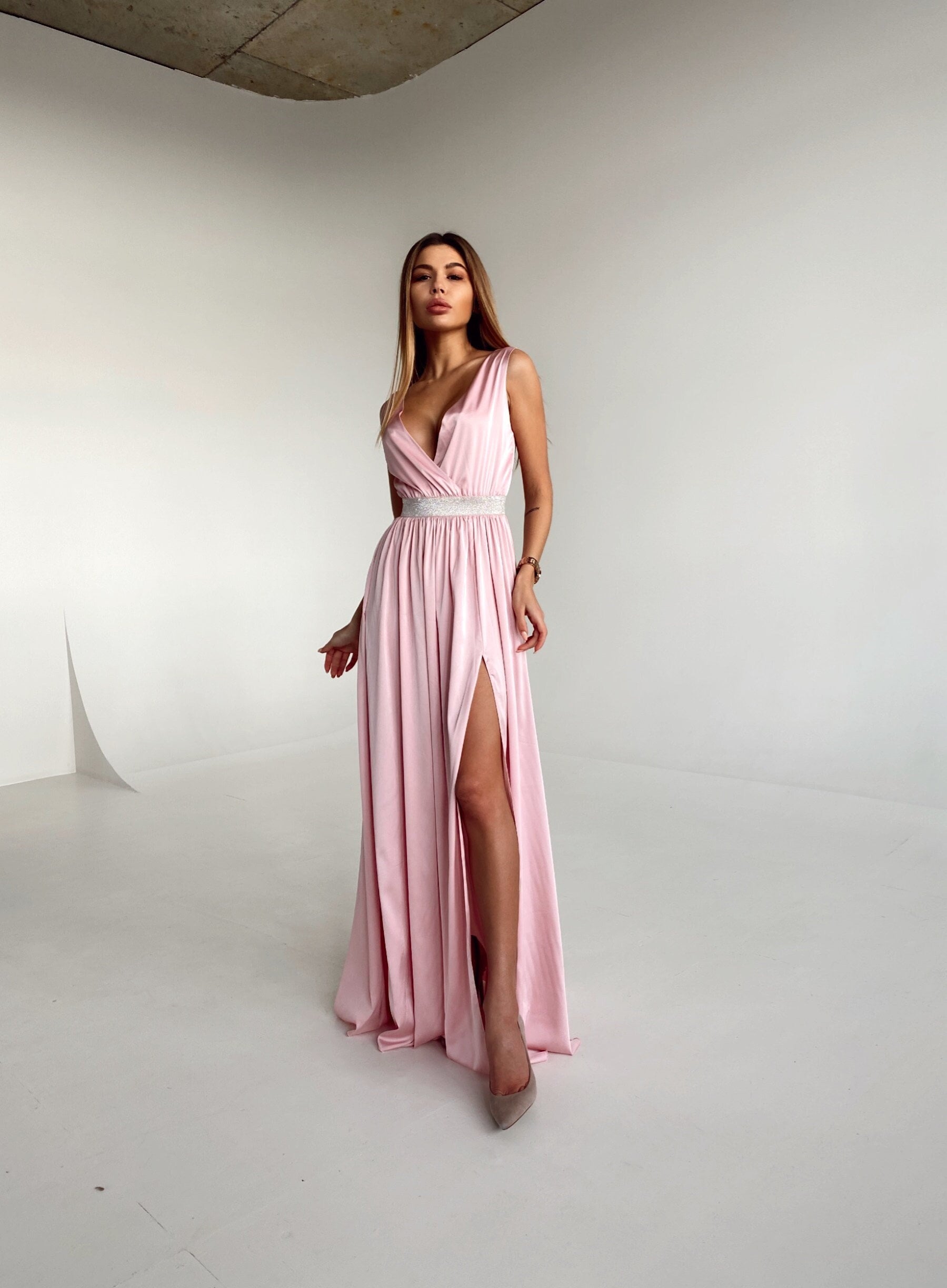 Luxury Silk Long Slip Dress in Powder Pink