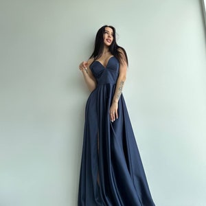 Satin Navy Blue Dress, Dark Blue Slit Dress, Navy Blue Prom Dress, Navy Blue Evening Dress, Dark Blue Maxi Dress, Dark Blue Dress With Strap image 6