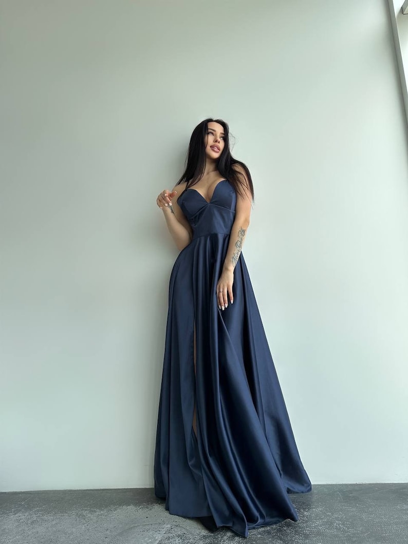 Satin Navy Blue Dress, Dark Blue Slit Dress, Navy Blue Prom Dress, Navy Blue Evening Dress, Dark Blue Maxi Dress, Dark Blue Dress With Strap image 6