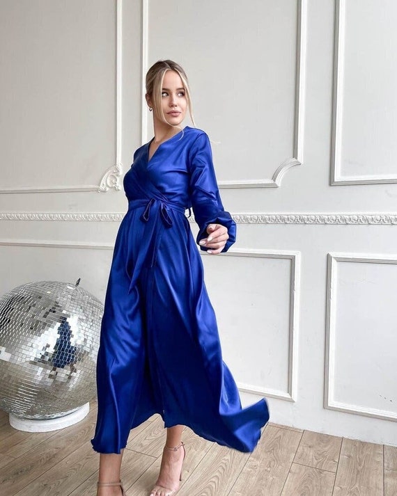 Blue satin wrap dress sales