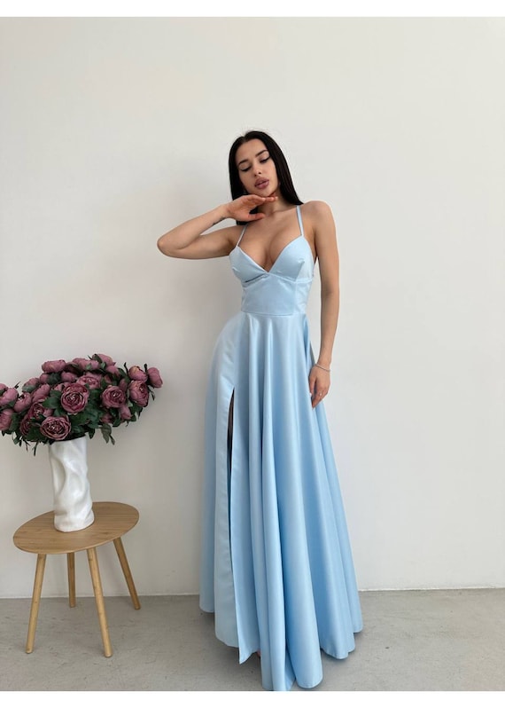 Abito maxi in seta blu celeste abito senza maniche blu celeste abito lungo in seta abito da laurea blu celeste abito maxi da sera Etsy Italia