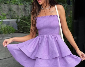 Lilac Short Sleeveless Cotton Dress, Lilac Full Skirt Dress, Mini Summer  Dress Cotton, Open Back Dress, Birthday Girl Dress