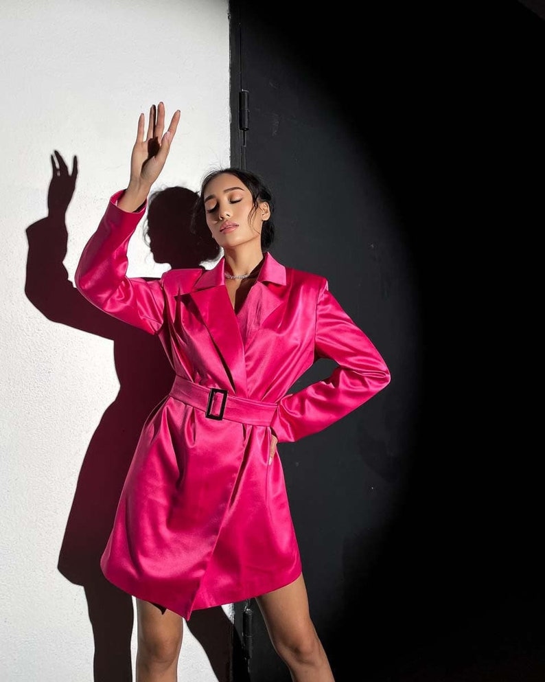 Women's Pink Satin Suit Jacket Pink Satin Long Blazer Etsy