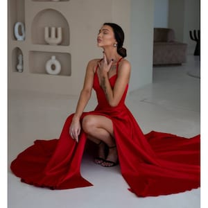 Red Silk Dress With Slit, Red Silk Long Dress, Maxi Prom Dress, Women Silk Maxi Dress, Handmade Dress, Silk Birthday Dress