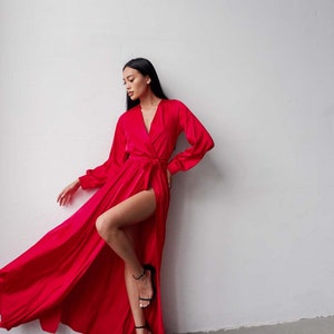 Red Long Wrap Dress, Red Silk Dress, Long Sleeve Red Dress, Red Dress With Slit, Long Balloon Sleeve Red Dress, Bridesmaids Dress Maxi Red