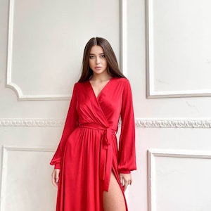 Vestido midi rojo, vestido envuelto en seda, vestido de cóctel para ocasiones especiales, vestido de cóctel de cumpleaños/noche, vestido acampanado con mangas largas