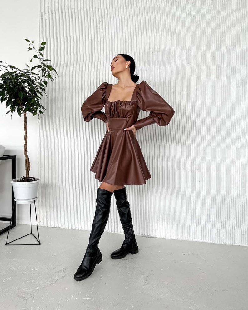 Dark Brown Leather Dress, Faux Leather Flared Skirt Dress, Party
