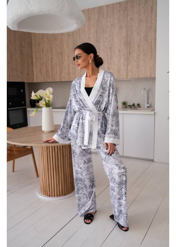 Traje de mujer de seda gris con mangas largas, traje de pantalón