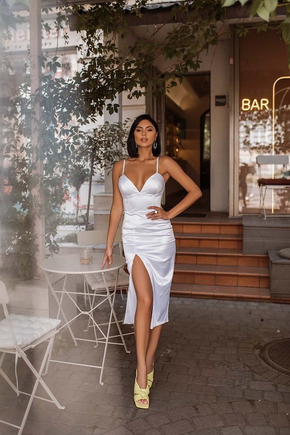 White Bustier Midi Dress, White Satin Slip Dress, Bustier Corset Dress,  Satin Slip Dress Midi, Satin Slit Dress, Bustier Satin Midi Dress 