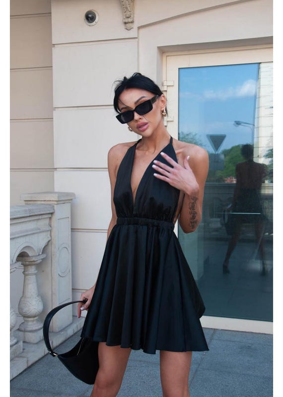 Black Silk Mini Dress Black Mini Summer Dress Sleeveless Mini Dress Summer Party Dress Silk V Neck Dress Handmade Dress