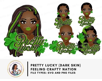 Pretty Lucky Dark Skin Beauty 6 Hairstyles, 4 leaf clover woman design. for St.Patricks Day, March Holiday