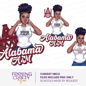 Alabama A&M Chrissy Black Girl Illustration with Afro Puff pour projet artisanal, HBCU PNG, college png, art tshirt hbcu, tshirt de retour aux sources hbcu