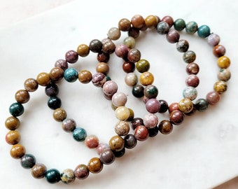 EvaDane Natural Ocean Jasper Gemstone Rope Bead Feather Charm Stretch Bracelet EvaDane Natural Ocean Jasper Gemstone Rope Bead Feather Charm Stretch Bracelet