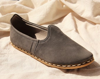 Dark Grey Fume Leather Men's Shoes Barefoot Shoes , Handcrafted Premium Leather Shoe, Traditional Leather Slip-on