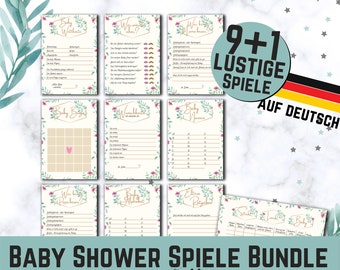 Puede incluir: Un conjunto de 9 juegos de baby shower imprimibles en alemán. Los juegos están diseñados con un tema floral y presentan una paleta de colores azul claro y rosa. Los juegos incluyen títulos como "Baby Bingo", "Wer kennt Mama besser?" y "Baby Namen".