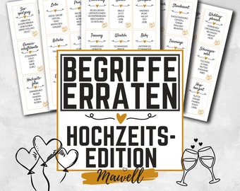Tarjetas de adivinanzas de palabras de boda (pdf) como DESCARGA. ¡Para la fiesta de bodas perfecta! Juegos de boda para invitados: adivinar palabras