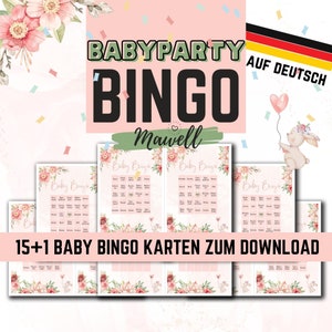 Babyparty Bingo Vorlage deutsch als PDF zum ausdrucken! Babyparty Spiele rosa für Mädchen Babyparty