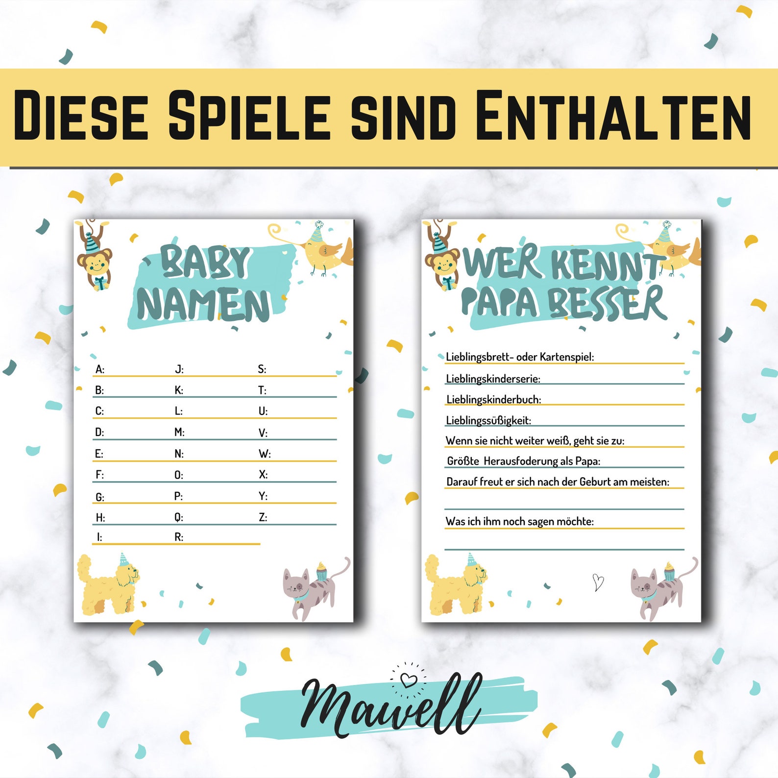 9+1 Babyparty Spiele Vorlagen als pdf zum SOFORT DOWNLOAD und