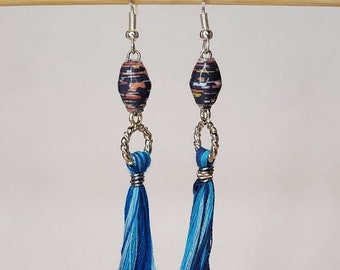 Paper Bead Earrings, Blue Beaded Jewelry, Unique Handmade Accessory, Boho Accessories, Hippie Fashion, Tassel Charm