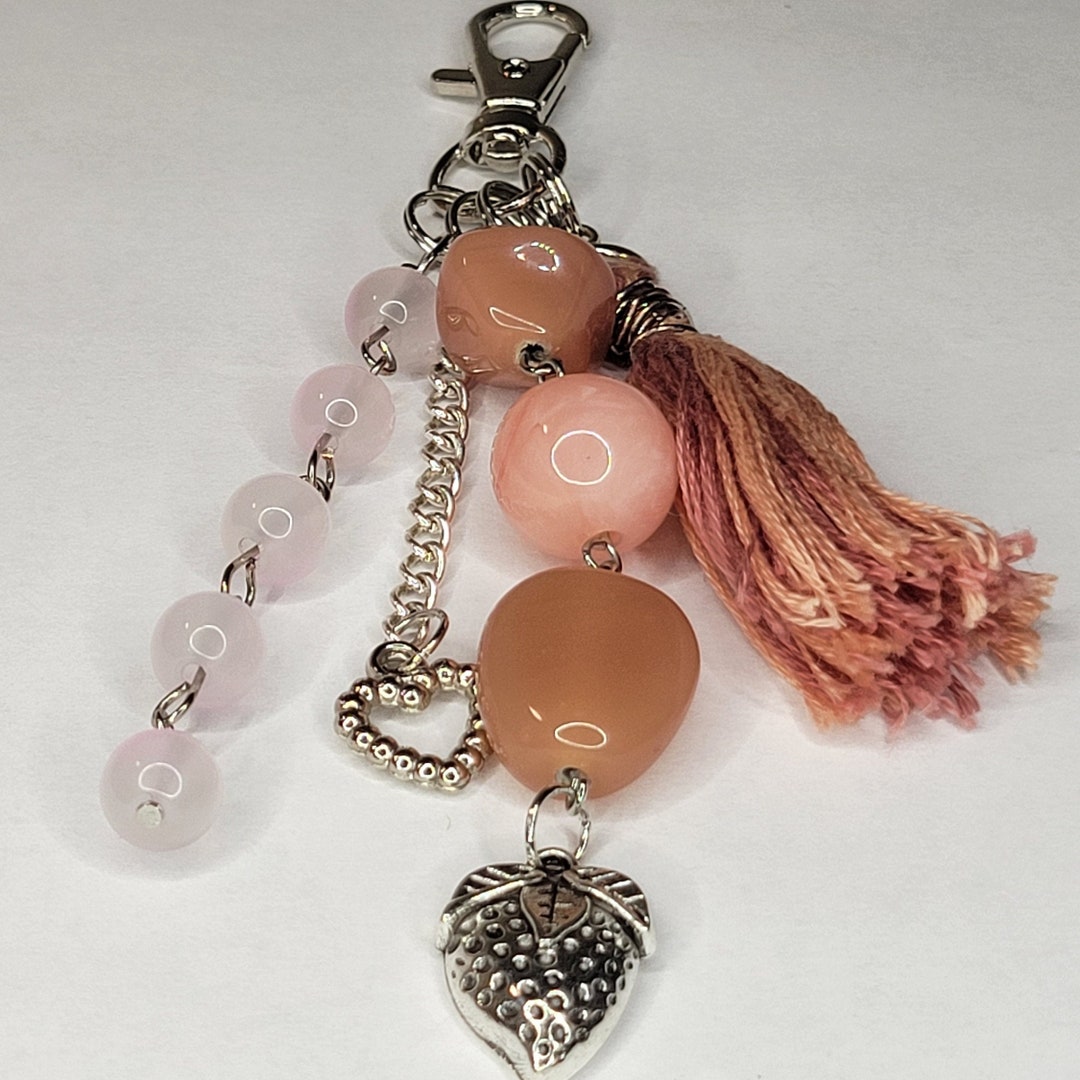 Fairycore Keychain, Pink Beaded Chain, Fruit Grunge Keyring, Handmade