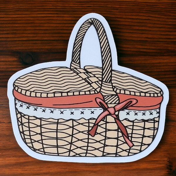 Picnic Basket Sticker, Removeable Vinyl, Cottagecore Sticker for Water Bottle, Laptop, or Journaling, Handmade Art