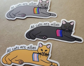 Pegatina de gato, orgullo LGBTQ, pegatina de vinilo removible, arte cottagecore, pegatina impermeable para botella de agua, computadora portátil o diario, 1 unidad
