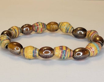 Paper Bead Bracelet, Yellow Beaded Jewelry, Unique Handmade Accessory, Brown Boho Accessories, Hippie Fashion, Cottagecore Gift for Friend