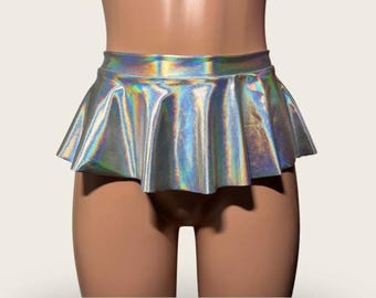 Falda supermini iridiscente con efecto holográfico plateado para ravewear