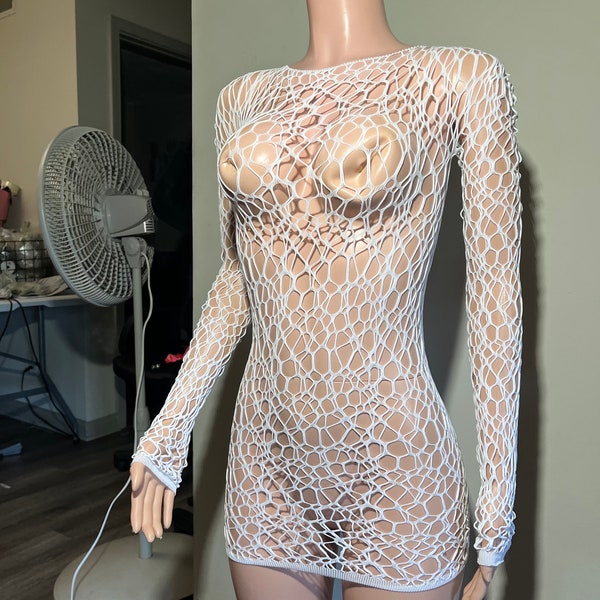 One piece exotic white fishnet dress