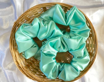 Mint green satin scrunchies
