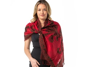 Sciarpa Pashmina In Misto Cashmere E Seta – Paisley Nero/Rosso – Morbida E Calda - Foto 4