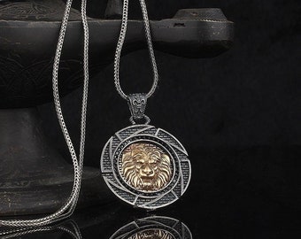 lion embroidered medallion necklace, 925 sterling silver lion necklace, fox tail chain necklace