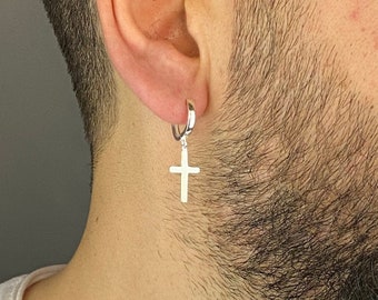 Cruz de aro de plata, Aros de plata para hombre con cruz, Regalo para él, Pendientes de aro de plata, pendiente colgante, Joyería Religiosa - Regalo de Navidad