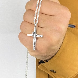 Handmade Silver Jesus Crucifix Necklace, Jesus Cross Savior Pendant, Engraved Jesus Religious Charm, Rope Chain Man Necklace, Gift For Men,