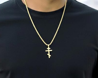 Orthodox Cross Necklace, 925 Sterling Silver over 18K Gold Plated, 2.2mm Rope Chain