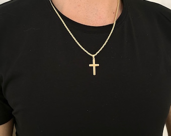 Men's Gold Cross Necklace: 14k Gold plated Rope Chain