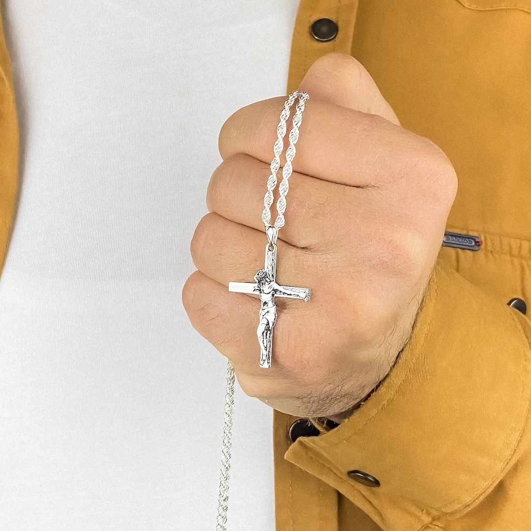Jesus Rope Silver Chain Handmade Sterling Silver Jesus Crucifix Necklace: Religious Rope Chain ...