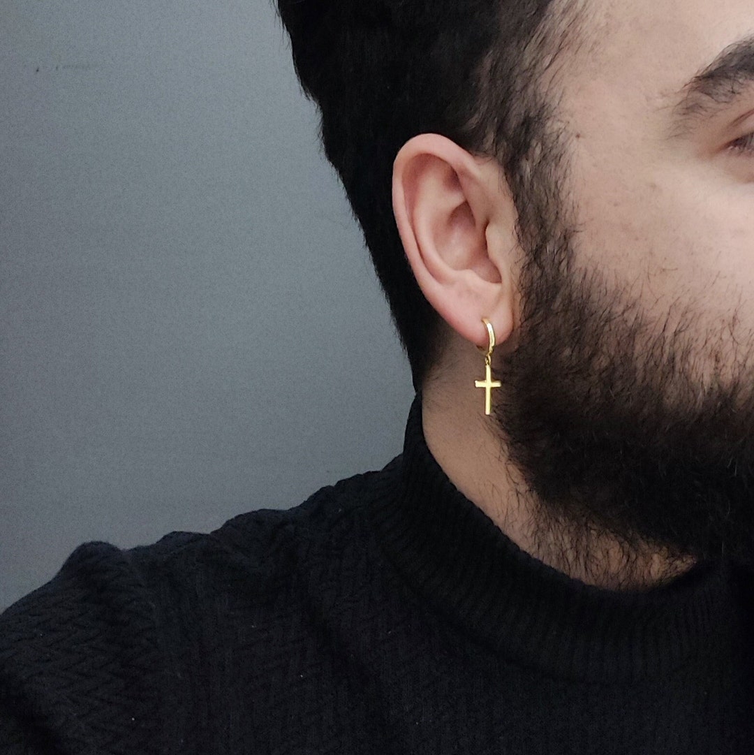 Cross Earring Men, Men's Gold Cross Earrings, Dangle Cross Gold, 14K