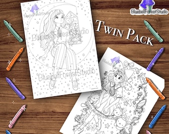 Magic Twin Pack Coloring Page Digital Download, Colouring Sheet for Adults and Kids, JPEG Kawaii PDF Fantasy Magical Home Animal Cat Art