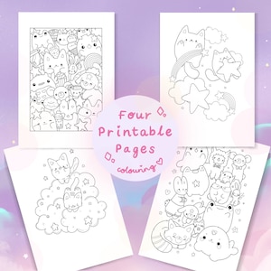 Cute Animals Coloring Page Digital Download, Kawaii Kitten Cat Stars Colouring Sheet for Adults and Kids, Frog Bunny Panda Seal PDF Home Art