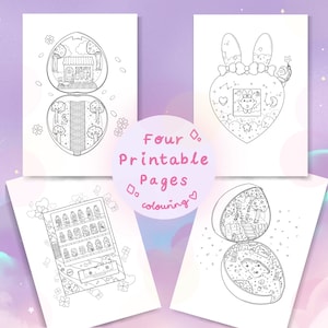May include: Four black and white printable colouring pages featuring a vending machine, a heart-shaped toy with a bunny, and two open egg-shaped toys with a house and a garden inside.