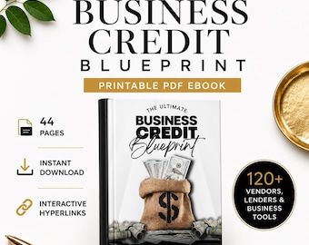 May include: A printable PDF ebook titled The Ultimate Business Credit Blueprint, featuring a burlap sack with a dollar sign and US currency. The cover includes the text Luxx Launch, 44 pages, instant download, interactive hyperlinks, and 120+ vendors.
