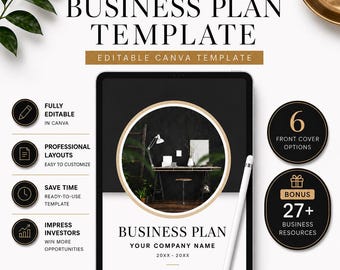 May include: A digital business plan template displayed on a tablet screen with a white stylus. The design features black and gold accents, text reading LUXX LAUNCH BUSINESS PLAN TEMPLATE, and circular icons highlighting six cover options and bonus resources.