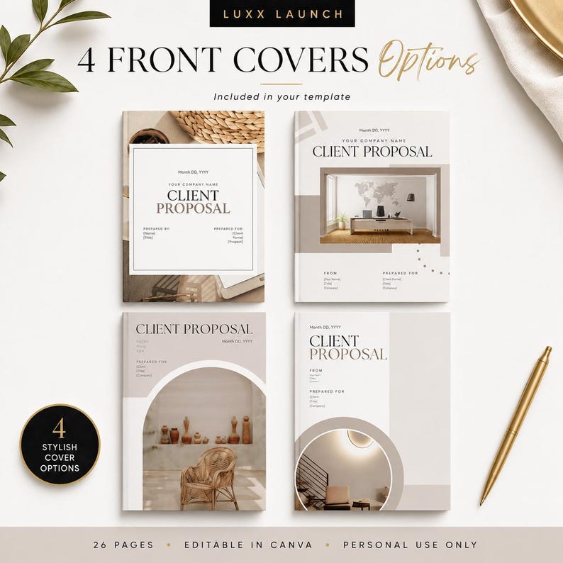 May include: Four client proposal document cover templates featuring neutral beige and white color schemes. Each cover displays the text CLIENT PROPOSAL with placeholders for company names, dates, and contact details, alongside a gold metal pen.