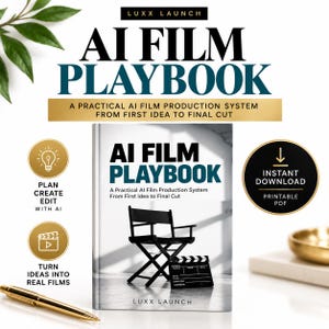 May include: A digital guide titled AI Film Playbook: A Practical AI Film Production System From First Idea to Final Cut. The cover features a black director's chair and a film clapperboard. Text includes Luxx Launch and Instant Download.