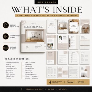 May include: A digital client proposal template set titled LUXX LAUNCH, featuring 26 editable pages in Canva. The layout includes four front cover options, sections for project descriptions, team introductions, pricing, and contract agreements.